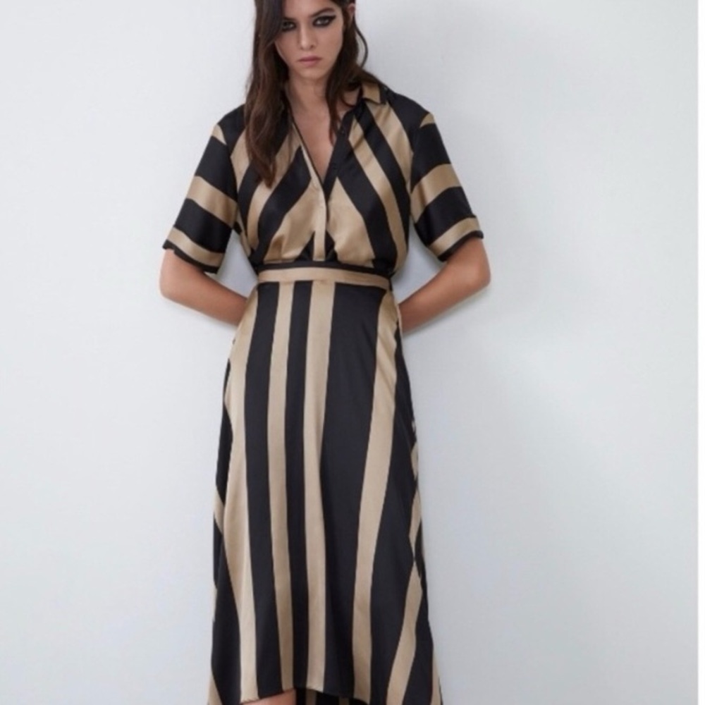 Elegant ZARA  Black and Gold Striped Dress NWT